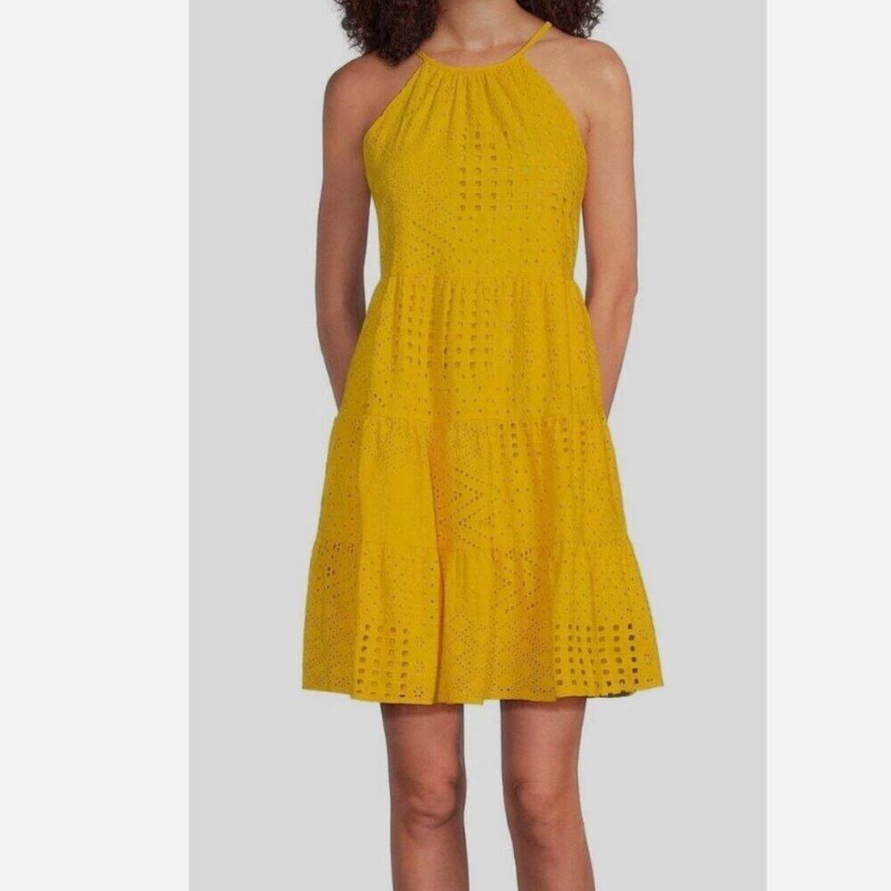 Eliza J Yellow Eyelit Float Tiered Dress Size 8